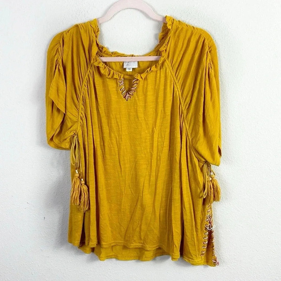 Anthropologie Postmkark Boho Top with tassel details mustard yellow size XS - Picture 2 of 10
